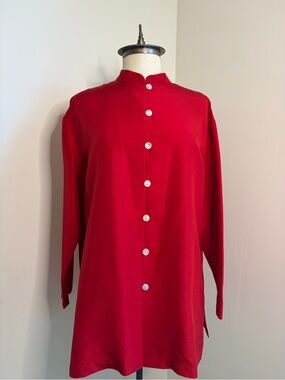 Vintage 100% Silk Red Mandarin Collar Long Button-Down Blouse Tunic